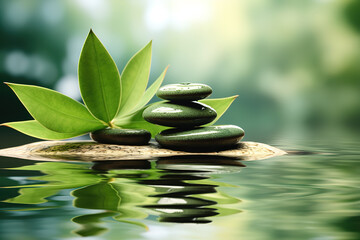 Naklejka premium Fantastic Green leaves cover the Zen stones pyramid on water surface