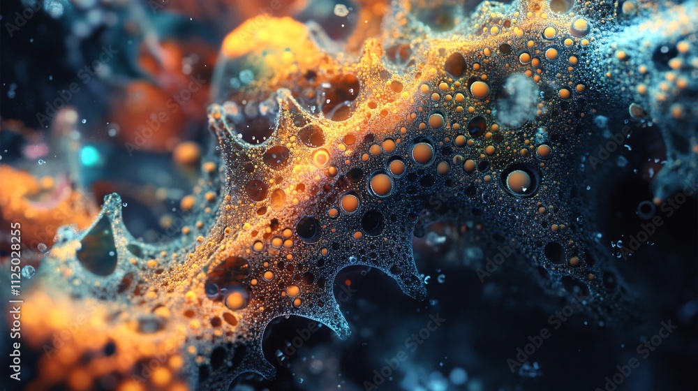Poster Abstract spiky surface covered in spheres creating intricate patterns in orange and blue