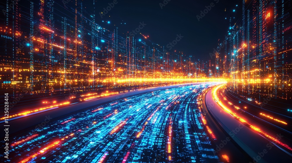 Poster dynamic flow of futuristic data streams in a vibrant neon cityscape at night