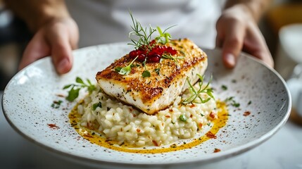 Barramundi is beautifully plated on a bed of creamy risotto, garnished with fresh herbs and a colorful sauce, showcasing a delightful culinary creation.
