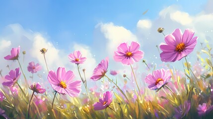 Fototapeta premium A vibrant field of pink cosmos flowers under a clear blue sky.