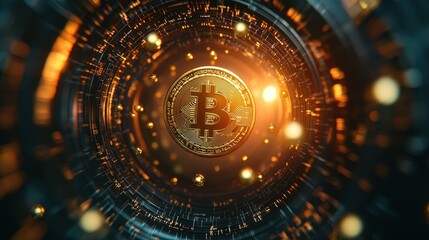 Obraz premium A glowing Bitcoin symbol surrounded by intricate digital patterns and bright orbs, representing cryptocurrency and technology.