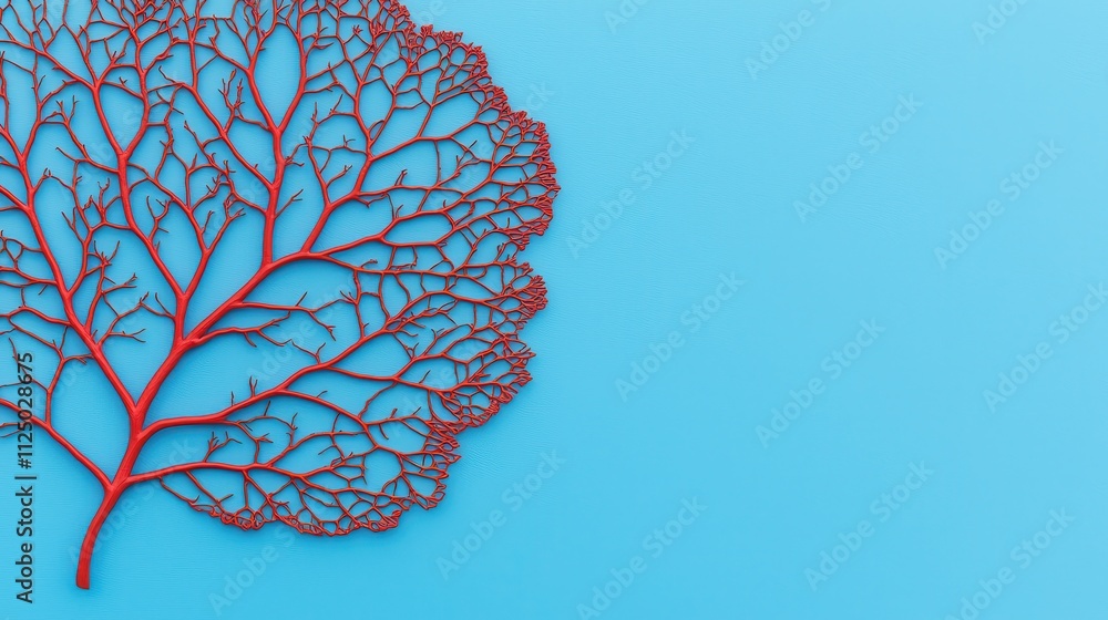 Poster red tree branch silhouette on blue background with intricate detailing and texture