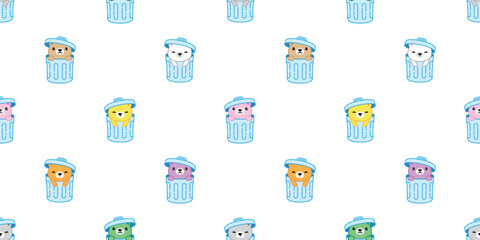 bear polar seamless pattern rubbish bin garbage trash can vector pet teddy cartoon doodle tile background gift wrapping paper repeat wallpaper scarf isolated illustration design