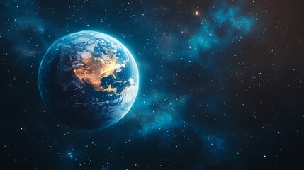 Obraz premium A stunning view of Earth from space, highlighting vibrant city lights against a backdrop of deep cosmic blues.