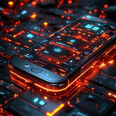Obraz premium A futuristic smartphone on a glowing keyboard background, symbolizing technology and innovation.