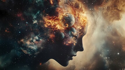 A cosmic woman in profile, her head filled with vibrant galaxies and planets, symbolizing the universe within.