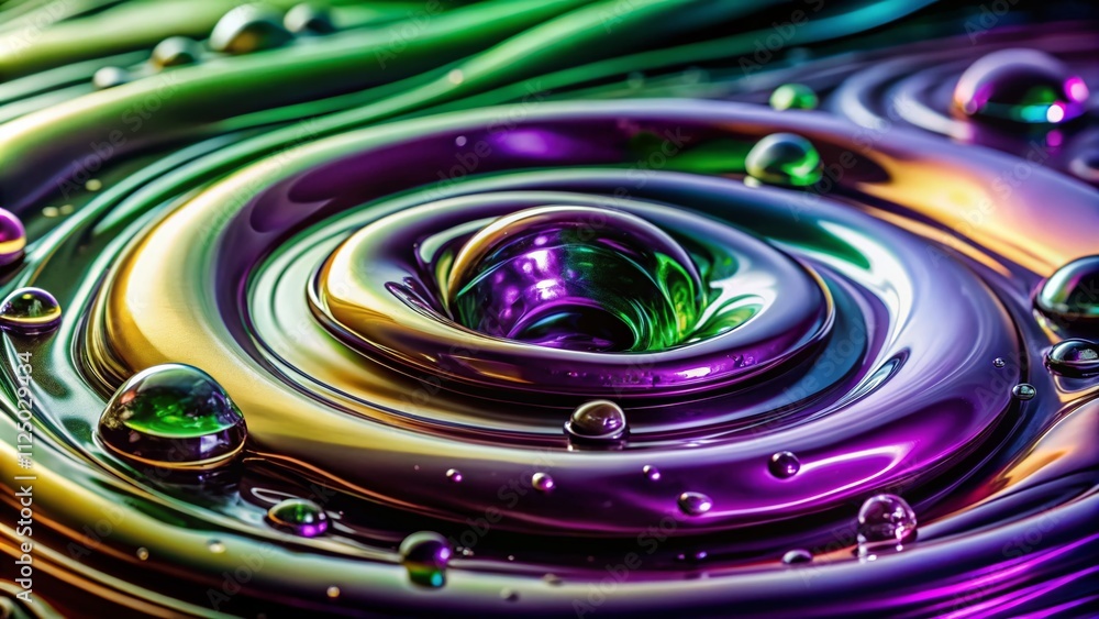 Poster closeup of smooth shiny liquid with purple and green hues, darkest at center and lighter at edges, c