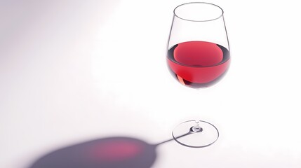 A close-up of a clear wine glass filled with rich red wine, casting a soft shadow on a minimalist background.