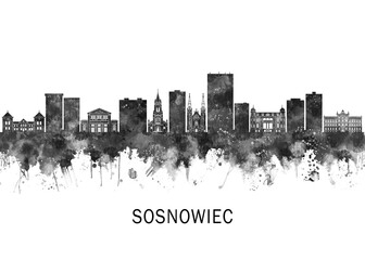 Sosnowiec Poland Skyline BW, cityscape landscape watercolor abstract painting splash travel art illustration graphic design urban art modern downtown