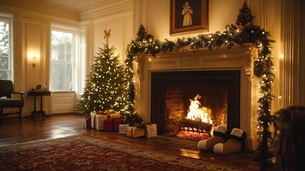 A festive fireplace scene with a small angel on the mantel, pine branches draped with tinsel, and cozy mittens and slippers placed by the hearth. Warm light from the fire adds a welcoming glow.