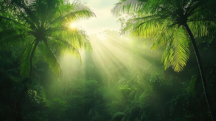 Naklejka premium Foggy tropical landscape with sunlight breaking through mist created by active transpiration