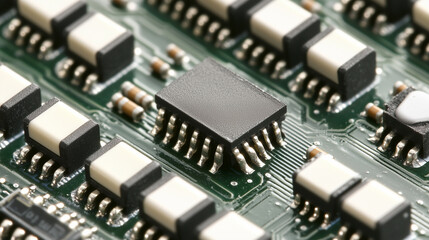 Close-up of electronic components on a development board, featuring detailed resistors, capacitors, and integrated circuits with a clean and professional blurred background. High-tech and engineering 