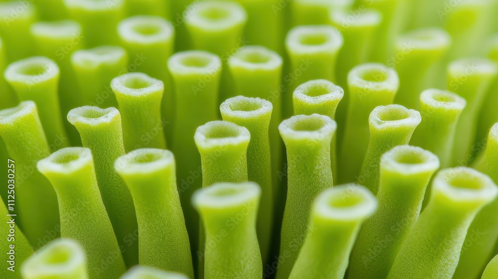 Poster close-up view of green plant structures with tubular shapes and soft texture