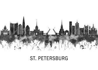 St. Petersburg Russia Skyline BW, cityscape landscape watercolor abstract painting splash travel art illustration graphic design urban art modern downtown