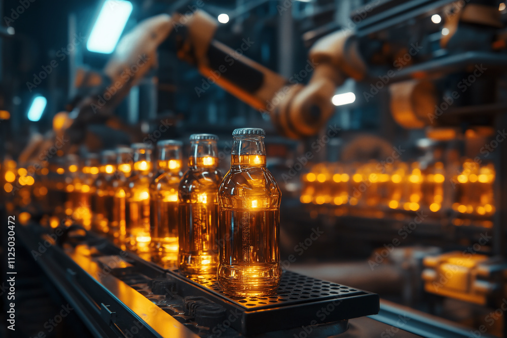 Poster advanced robotic arms assembling bottled beverages in a modern production facility. generative ai