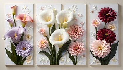 Three vertical 3D panels that together form a symphony of flowers, The depict graceful calla lilies in white and cream, elegantly spiraling upwards.