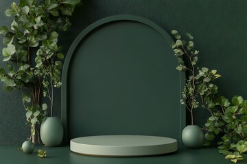 3D pedestal podium on green moss background with monstera palm tree leaves. Beauty product promotion platform display mockup. Natural 3D render copy space banner minimal. Dark, trendy illustration.
