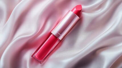 Pink lipstick on silk fabric.