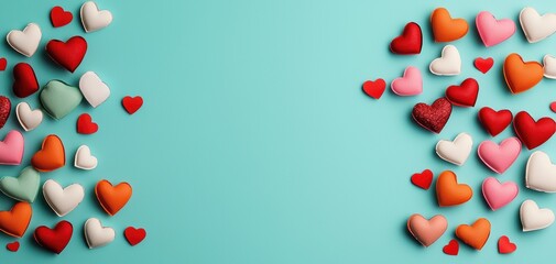 Valentine's day personalized gifts concept. A colorful arrangement of heart-shaped cookies on a turquoise background, perfect for expressing love and affection.