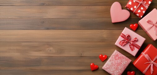 Obraz premium Valentine's day personalized gifts concept. A festive arrangement of red and pink gifts with heart decorations on a rustic wooden background, perfect for celebrating love and special occasions.