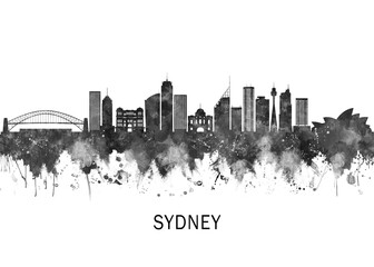 Sydney Australia Skyline BW, cityscape landscape watercolor abstract painting splash travel art illustration graphic design urban art modern downtown