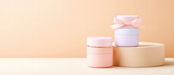Stylish cosmetic jars in pastel colors placed on minimalistic pedestals, perfect for beauty and skincare themes.