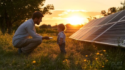 Father and Son Admiring Solar Panels at Sunset, Embracing Renewable Energy for a Sustainable Future.