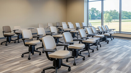 An empty vaccination center, featuring rows of chairs and tables, adorned with a large poster promoting vaccinations. Soft natural light filters through the large windows, creating a serene and empty 