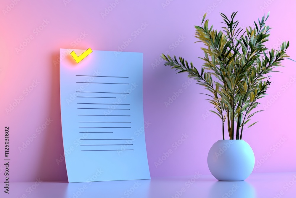 Poster A flat design of a single document icon with a subtle shadow and a small glowing checkmark on a pastel background