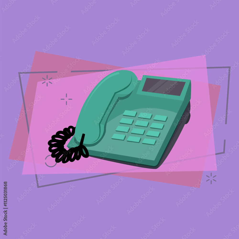 Poster office telephone. green device with speaker and buttons. office attributes concept. vector illustrat