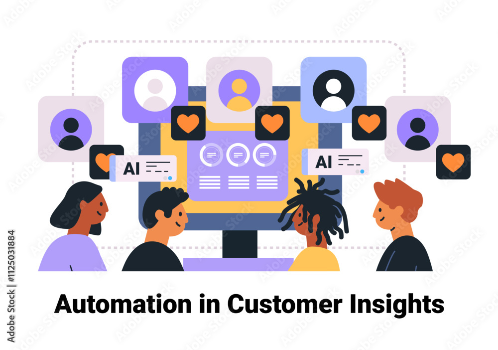 Poster ai-driven customer insights teamwork with diverse people analyzing data on a computer screen surroun