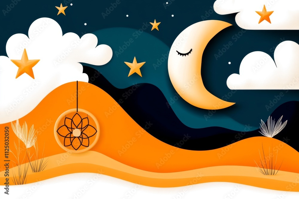 Poster a flat vector of a dreamcatcher with clean geometric shapes and soft gradients, symbolizing tranquil