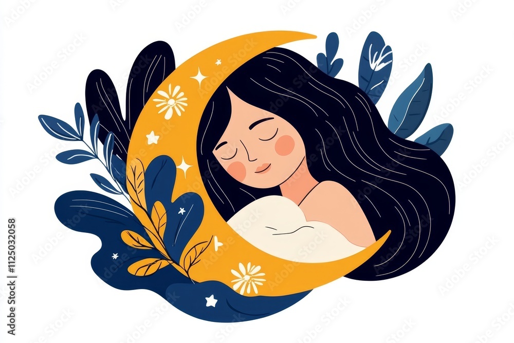 Poster a flat vector of a crescent moon cradling a sleeping figure, drawn in simple, clean lines on a white