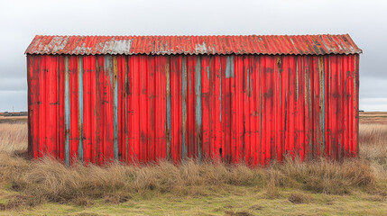 vibrant red corrugated metal shed stands amidst tall grass, showcasing rustic charm. weathered texture and color create striking visual against muted landscape