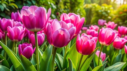 Obraz premium Close-Up of Vibrant Pink Tulips Surrounded by Lush Green Leaves in a Fresh Garden Setting, Capturing Nature's Beauty and Serenity for Stock Photography