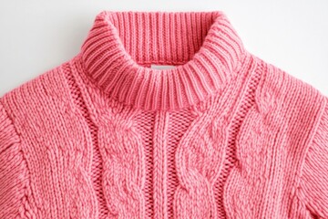 Soft pink knitted jumper with high ribbed collar isolated on white background, perfect for cozy winter fashion branding