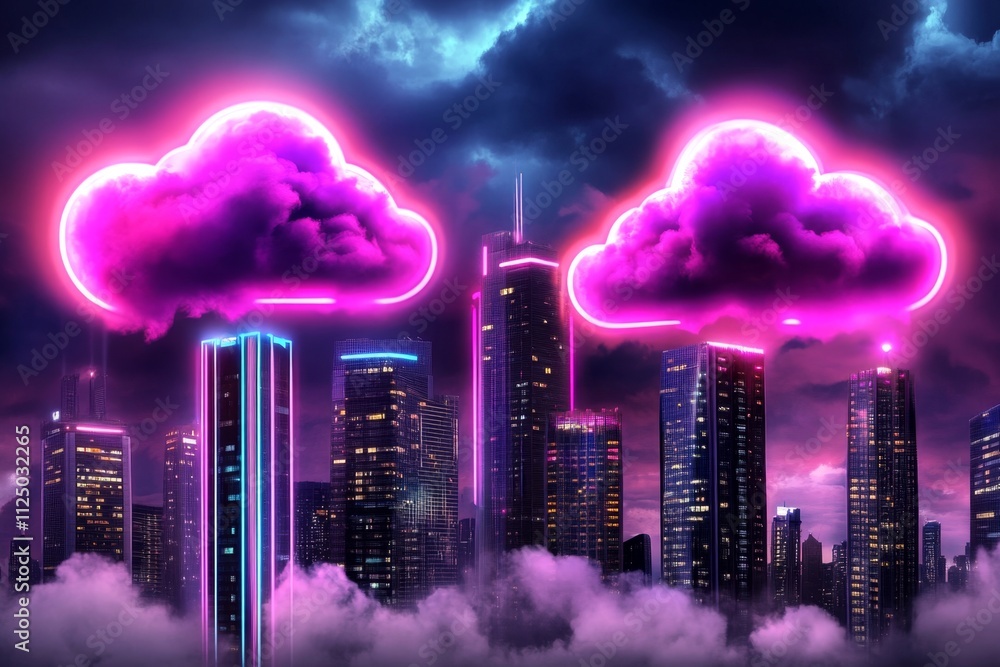 Poster a futuristic depiction of dubai with floating skyscrapers and a high-tech skyline glowing with neon 