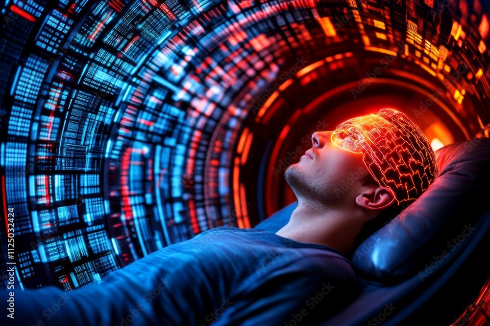Poster a futuristic depiction of a person dreaming in a high-tech sleep pod, surrounded by glowing holograp