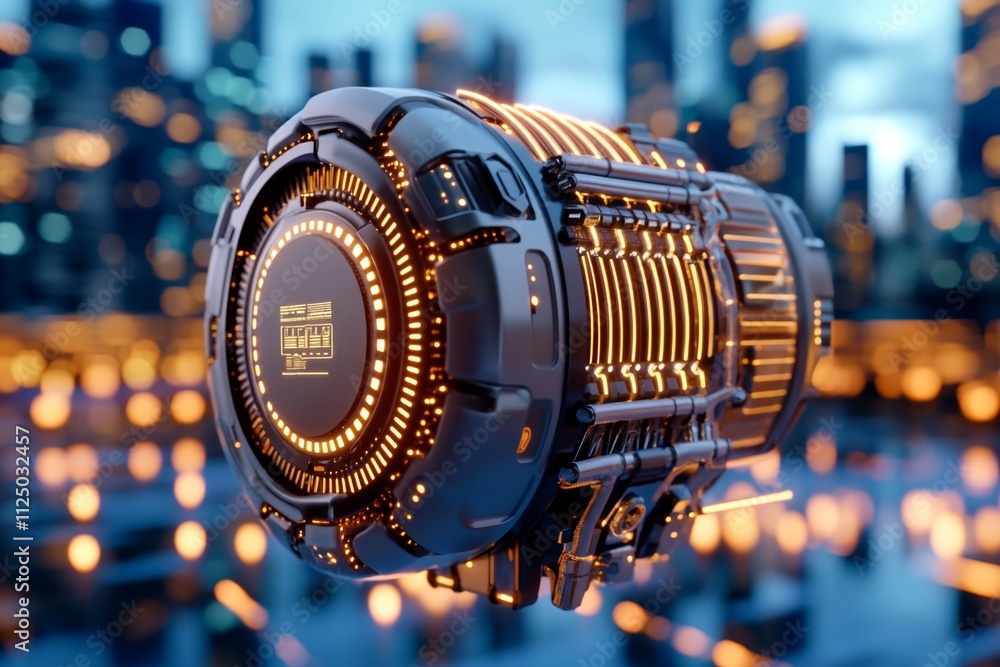 Poster a futuristic depiction of a sleek, high-tech air compressor with a digital interface and glowing com