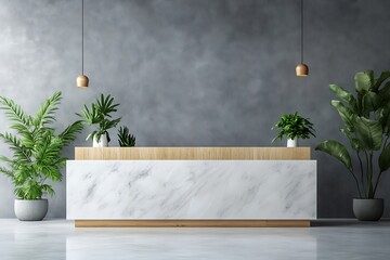 Luxury and contemporary lobby area interior design in white and wood style with reception counter, hardwood floor and elegance corridor. beauty spa or office reception. 3d render, 3d illustration
