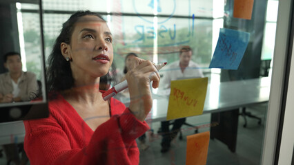 Portrait of hispanic businesswoman present start up marketing idea to investor. Female leader...