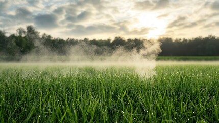 Sunlit meadow with mist rising from grass blades, visualizing transpiration at a large scale