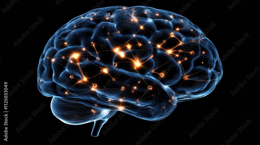 Poster The artwork features a vibrant human brain composed of glowing neural networks and synapses against a dark background, allowing for text overlay. Generative AI
