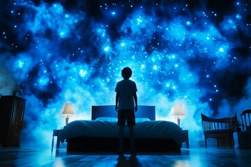Fototapeta premium A gothic depiction of a person dreaming, surrounded by dark swirling mist and faintly glowing stars in a shadowy room