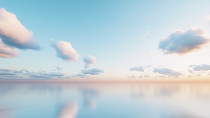Obraz premium Pastel colors clouds reflecting on calm water surface at sunset