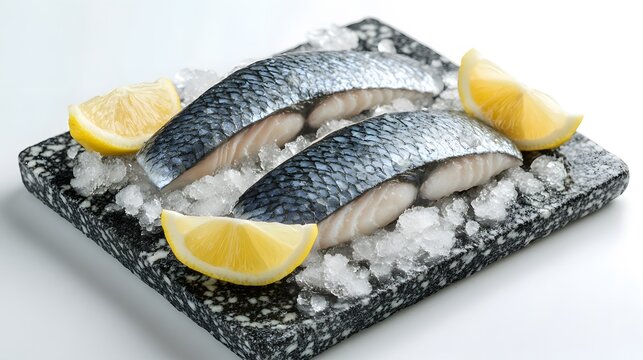 Barramundi fillets glisten on a bed of ice, garnished with fresh lemon slices, showcasing their vibrant colors and fresh appeal for culinary delights.