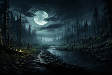 Fototapeta premium mystical night forest with a river in the moonlight,. 