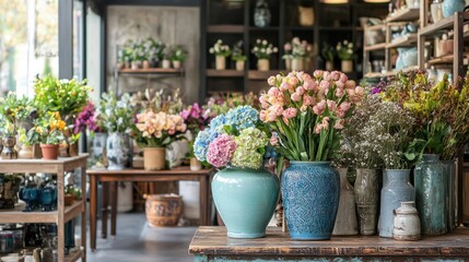 Fototapeta premium A room with flower accent vases placed on tables and shelves.