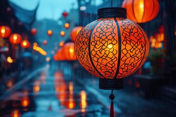 Lanterns illuminate a rainy street in a traditional market during evening hours. Generative AI